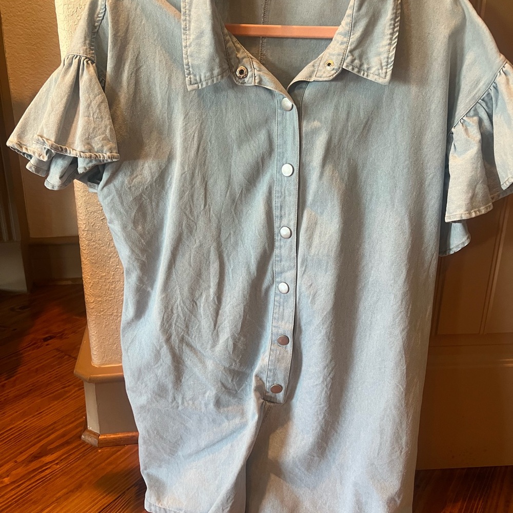 Light Blue Denim Button-Front Women's Top with Ruffle Sleeves